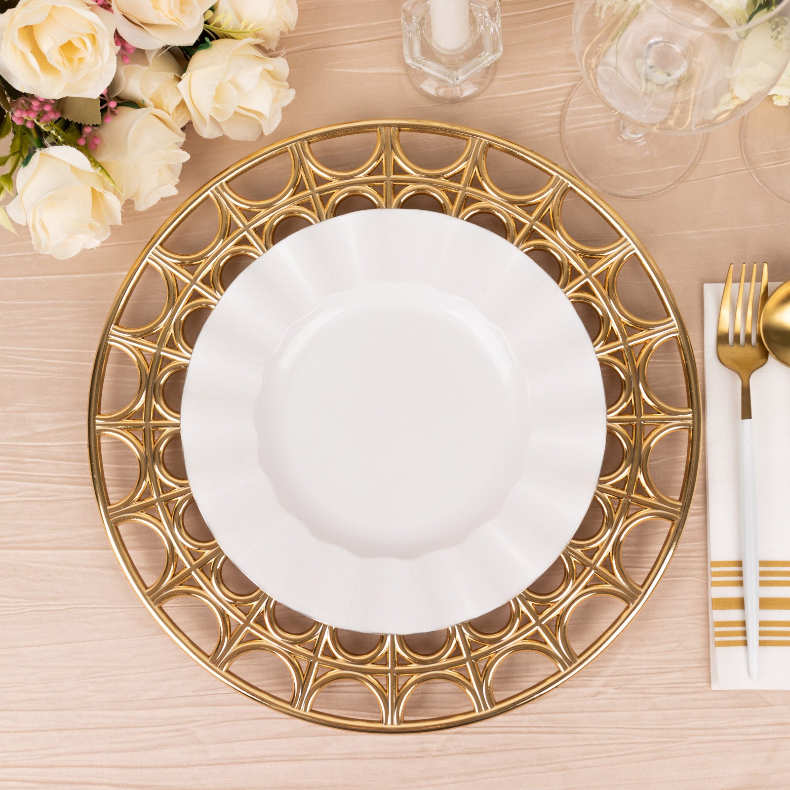 Metallic Rim Plates 6 Pack Gold Acrylic Plastic Charger Plates Semi Circle Hollow Out Rim ...