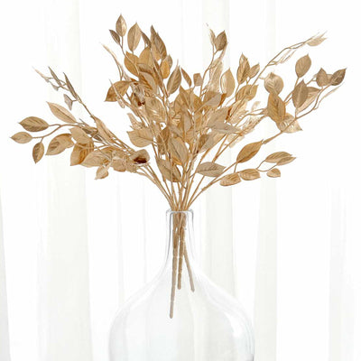 artificial italian ruscus, vase filler, gold leaf decor, leaf stems, artificial branches#color_gold