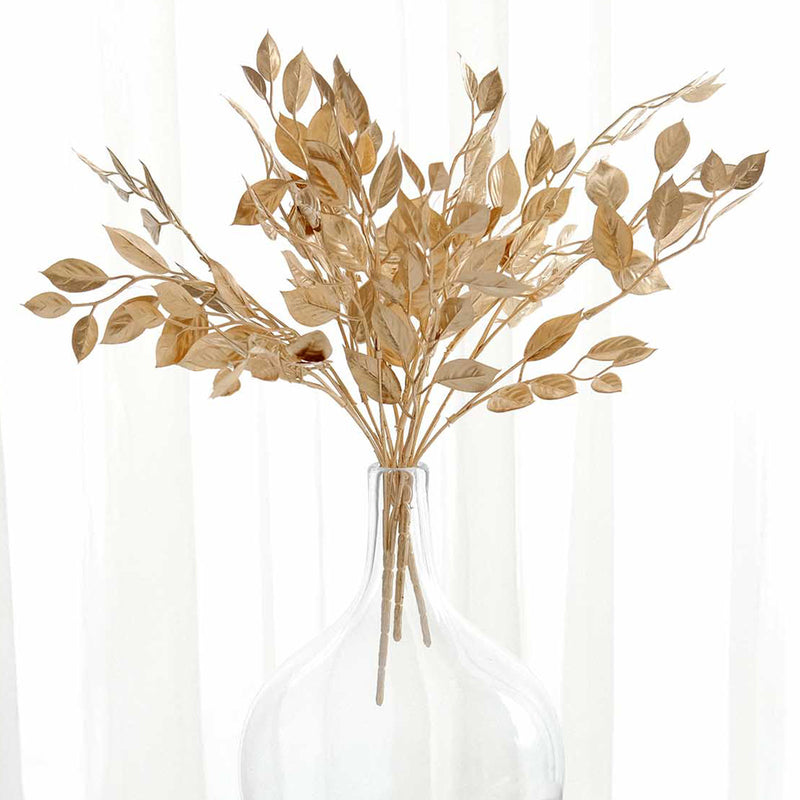 4 Pack Metallic Gold Artificial Italian Ruscus Leaves Branches, Faux Spray Plant Stem Vase Fillers - 14