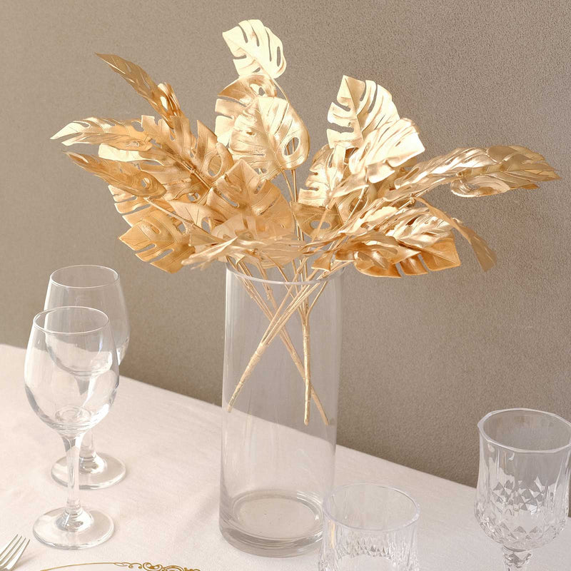 4 Pack Metallic Gold Artificial Monstera Leaves Bushes, Tropical Palm Leaf Bunch Vase Fillers - 14