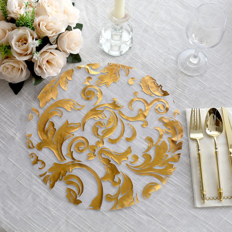 10 Pack Metallic Sheer Organza Round Disposable Placemats with Swirl Foil Floral Design, 13