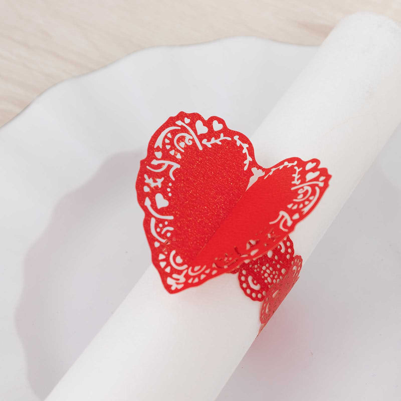 12 Pack Shimmery Laser Cut Heart Paper Napkin Rings with Lace Pattern, Disposable Napkin Holders Bands