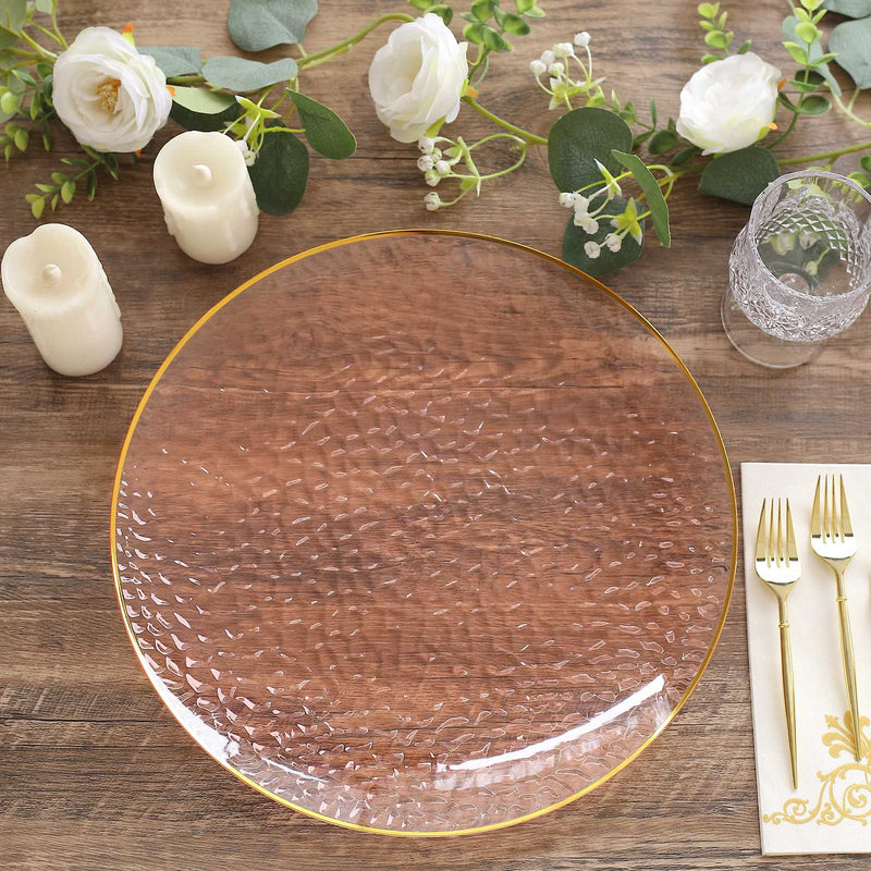 10 Pack Transparent Hammered Economy Plastic Charger Plates With Gold Rim, Round Dinner Chargers Tabletop Decor - 13