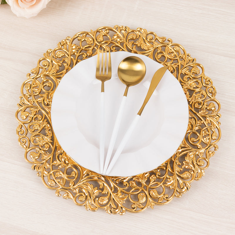 6 Pack Vintage Floral Acrylic Charger Plates With Carved Borders, Round Dinner Charger Tabletop Decor - 13