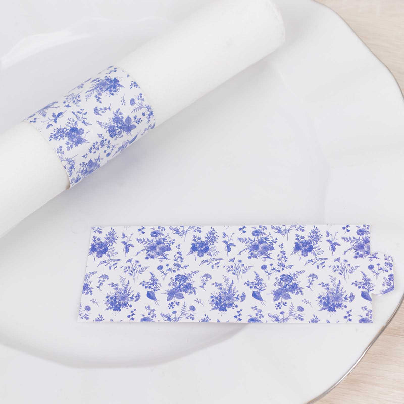 50 Pack White Blue Paper Napkin Rings in French Toile Floral Pattern, Disposable Napkin Holders Bands - 1.5