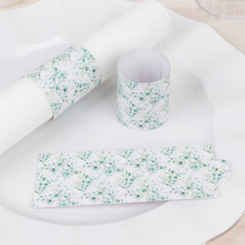 50 Pack White Green Paper Napkin Rings with Eucalyptus Leaves Print, Disposable Napkin Holders Bands - 1.5