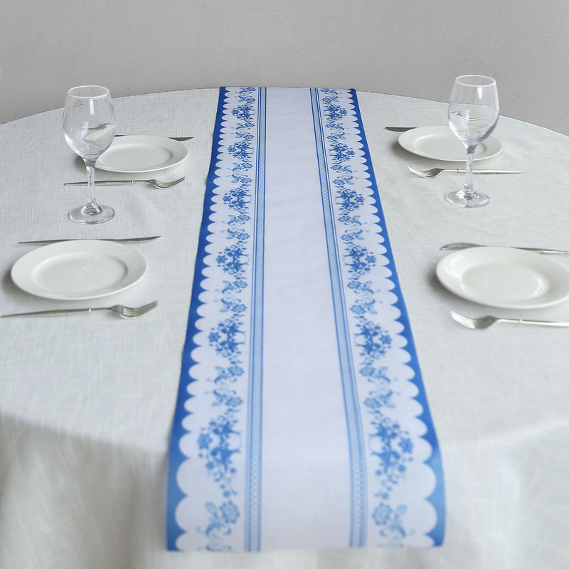 5 Pack White Blue Bordered Style Non-Woven Table Runners with Ornate Floral Prints, Kitchen Dining Table Decoration - 11