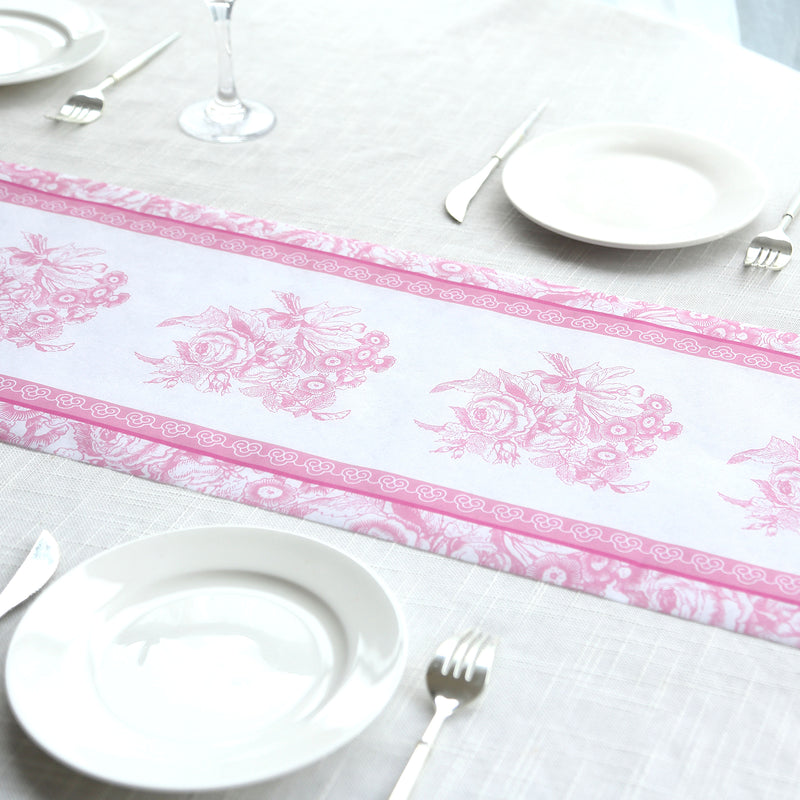 5 Pack White Pink Floral Pattern Non-Woven Table Runners with Ornate Borders, Kitchen Dining Table Decoration - 11