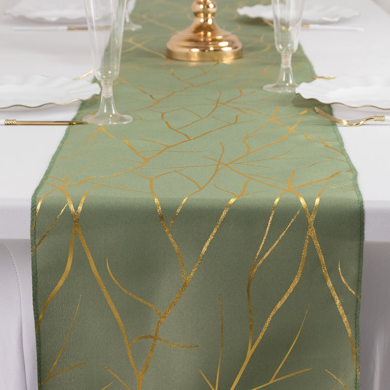 Dusty Sage Green Polyester Table Runner with Gold Foil Tree Branch Pattern - 9ft