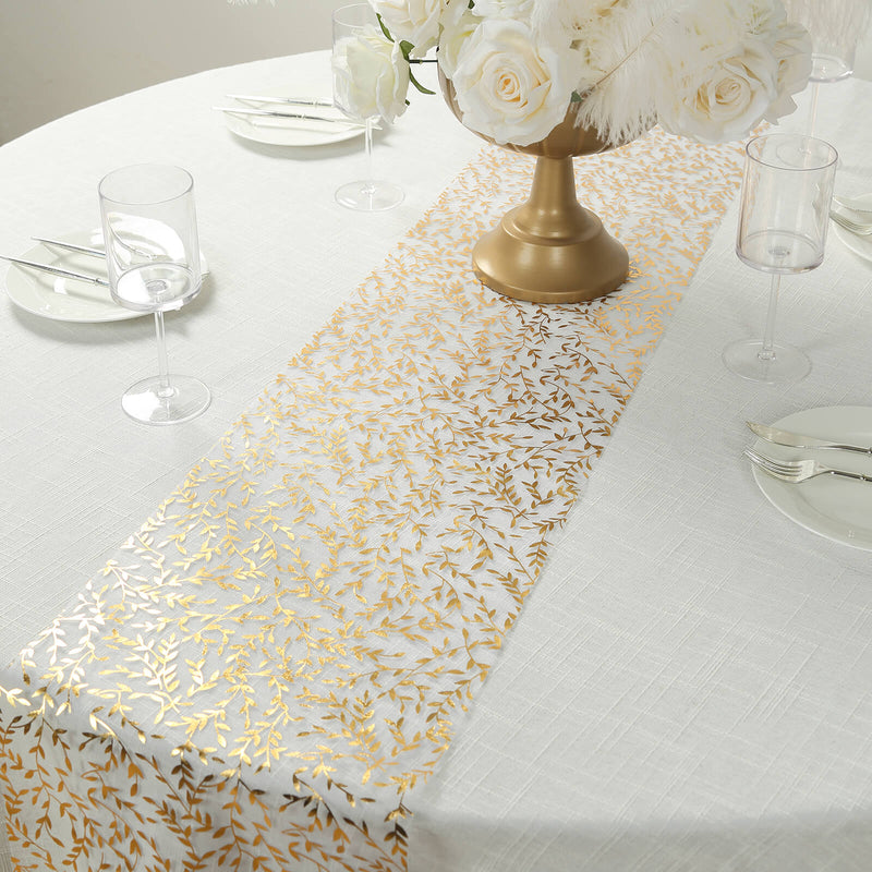 5 Pack White Mesh Organza Floral Table Runners with Gold Foil Leaf Vines - 11