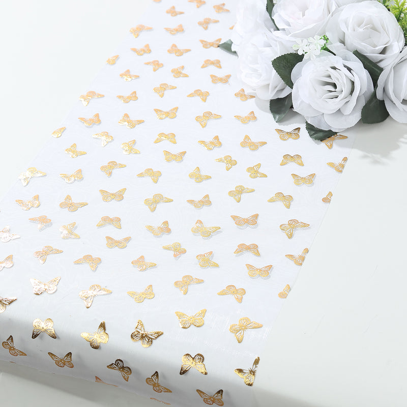 5 Pack White Sheer Organza Table Runners with Metallic Gold Foil Butterfly Motifs - 11