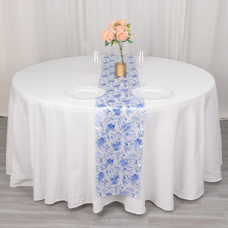 White Blue Satin Table Runner in French Toile Floral Pattern - 12