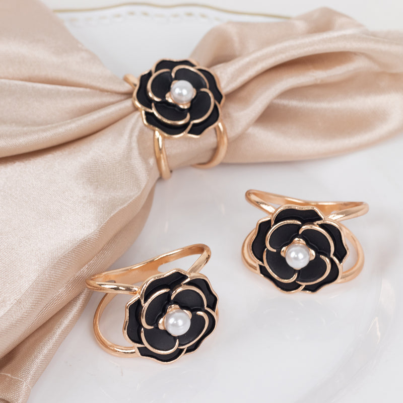 10 Pack 3D Rose Shaped Napkin Rings Serviette Buckles, Floral Metal Chair Sash Bow Pins with Gold Rim