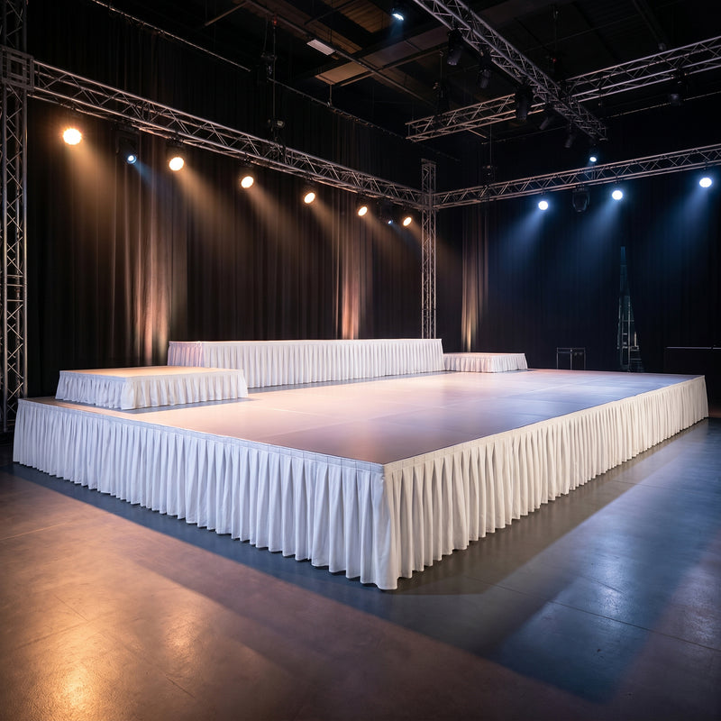 Portable Scuba Stage Skirting White Shirred Pleated Stage Cover for Platforms - Wrinkle-Free, Stain Resistant