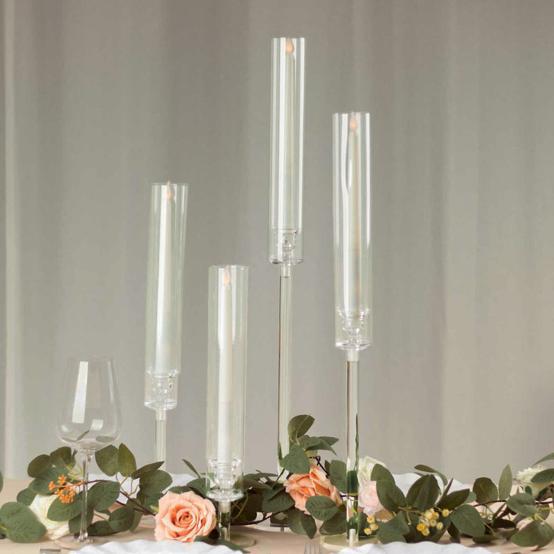 Set of 4 Clear Acrylic Taper Candlestick Holders, Hurricane Candle Stands With Tall Chimney Tube Candle Shades - 14