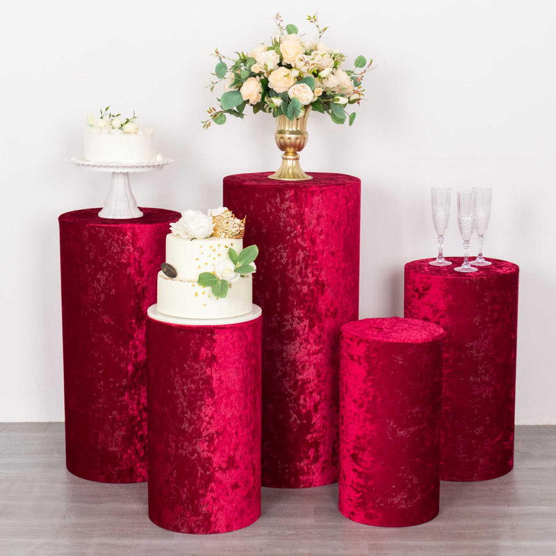 Set of 5 Crushed Velvet Cylinder Plinth Display Box Stand Covers, Premium Pedestal Pillar Prop Covers