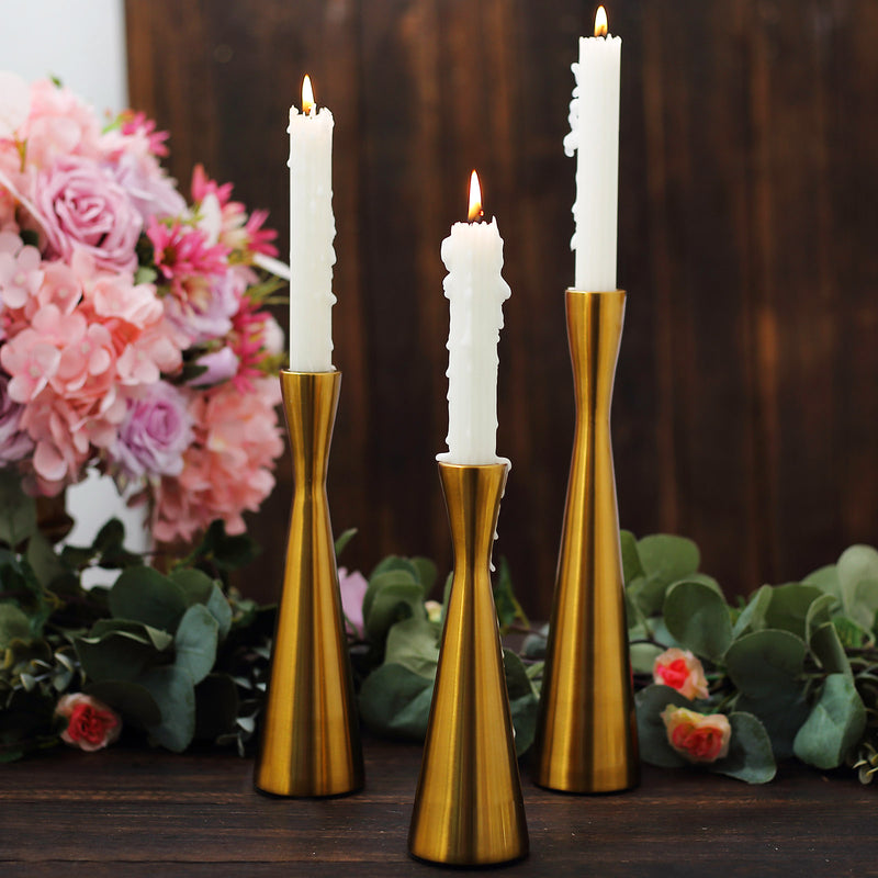 Set of 3 Modern Hourglass Style Gold Metal Taper Candle Holders, Nordic European Style Candlestick Stands - 8