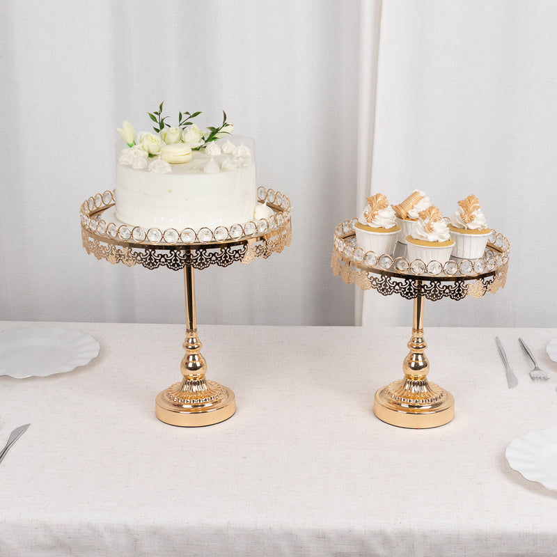 Set of 2 Gold Crystal Beaded Metal Pedestal Risers With Mirror Top, Round Dessert Display Stands - 11