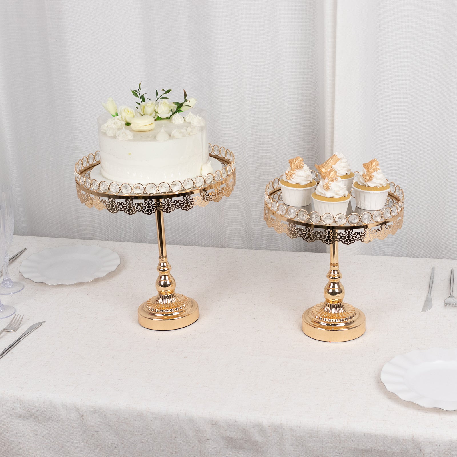 Gold Crystal Beaded Metal Pedestal Risers With Mirror Top - 11