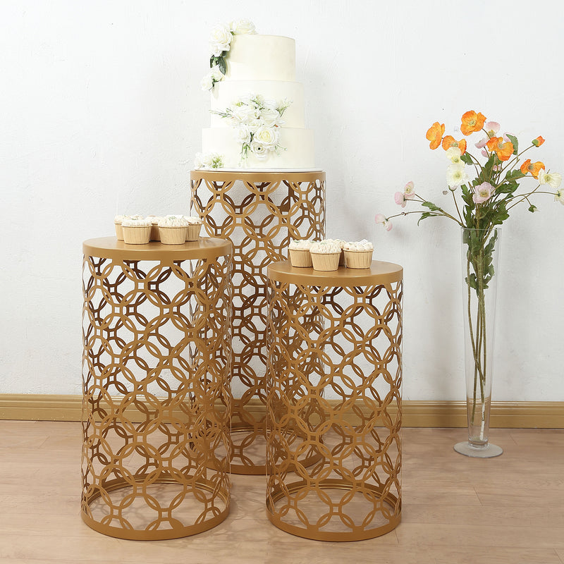 Set of 3 Gold Metal Cylinder Plinth Pedestal Stands, Round Mesh Pillar Cake Display Stand in Hollow Overlapping Circles Pattern - 22