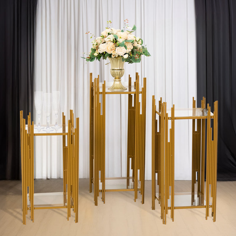 Set of 3 Gold Metal Plinths Flower Display Stands With Square Acrylic Plates, Table Pedestal Stands - 26