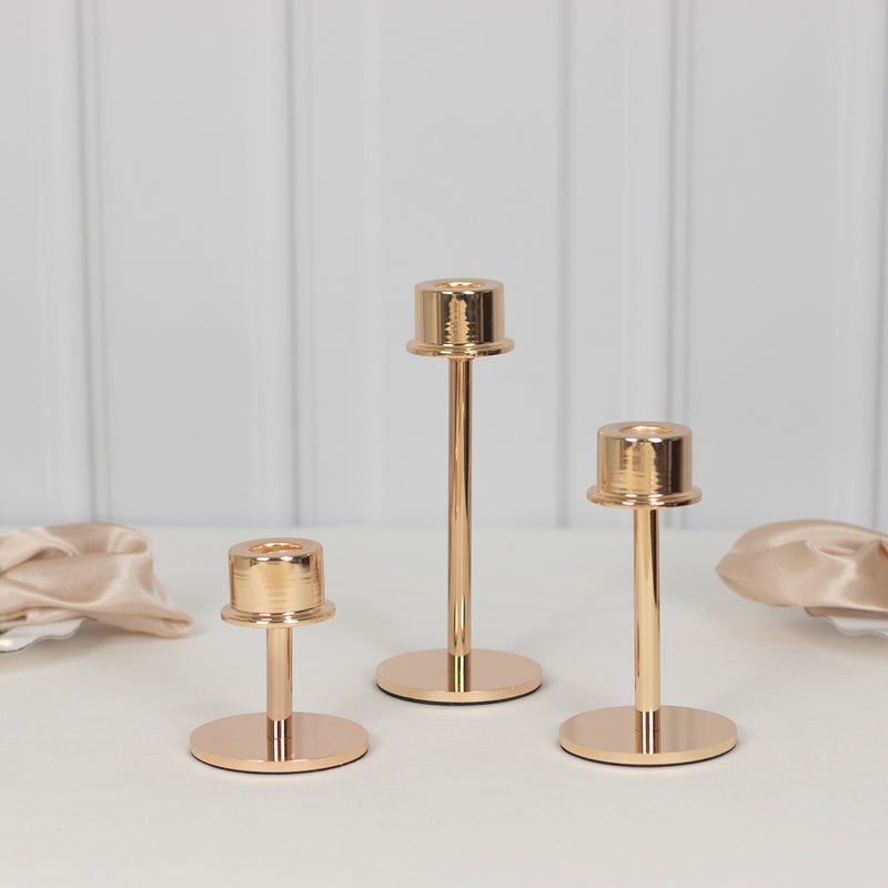 Set of 3 Gold Metal Taper Candlestick Holders, Hurricane Candle Stands with Round Base - 3.5