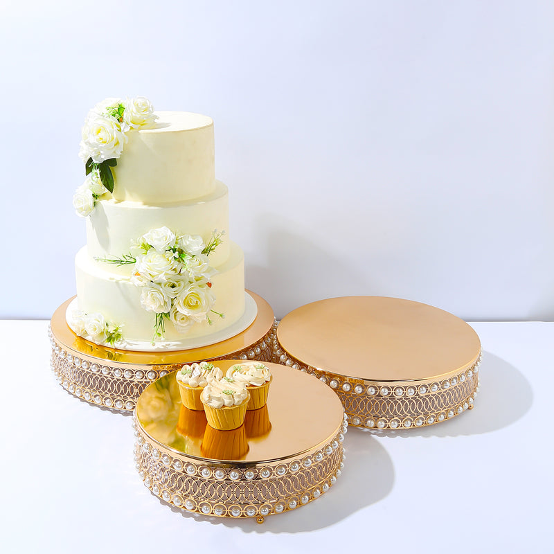 Set of 3 Pearl Beaded Gold Metal Risers with Mirror Top, Stackable Round Dessert Display Stands - 12