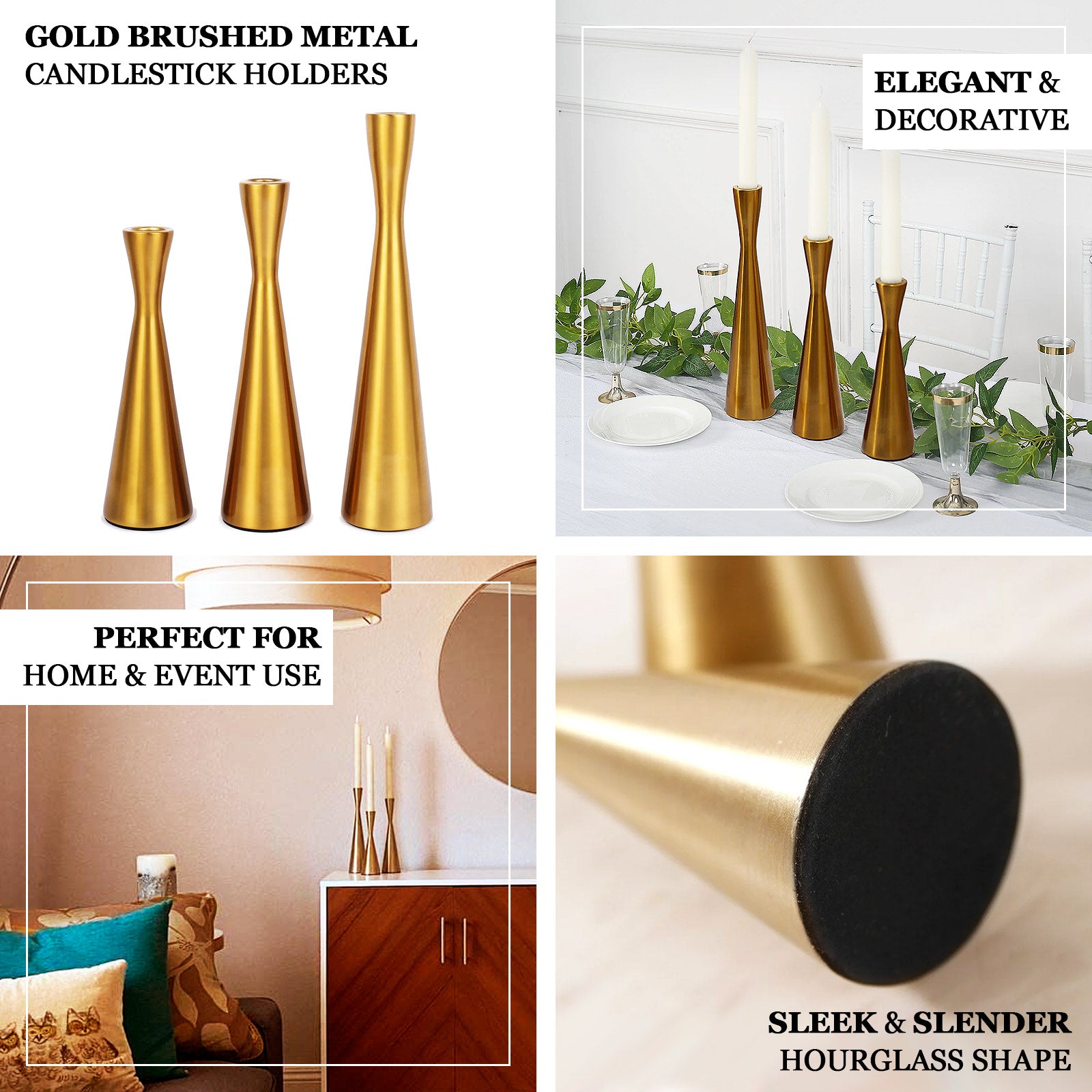 Modern Hourglass Style Gold Metal Taper Candle Holders 8",9",11