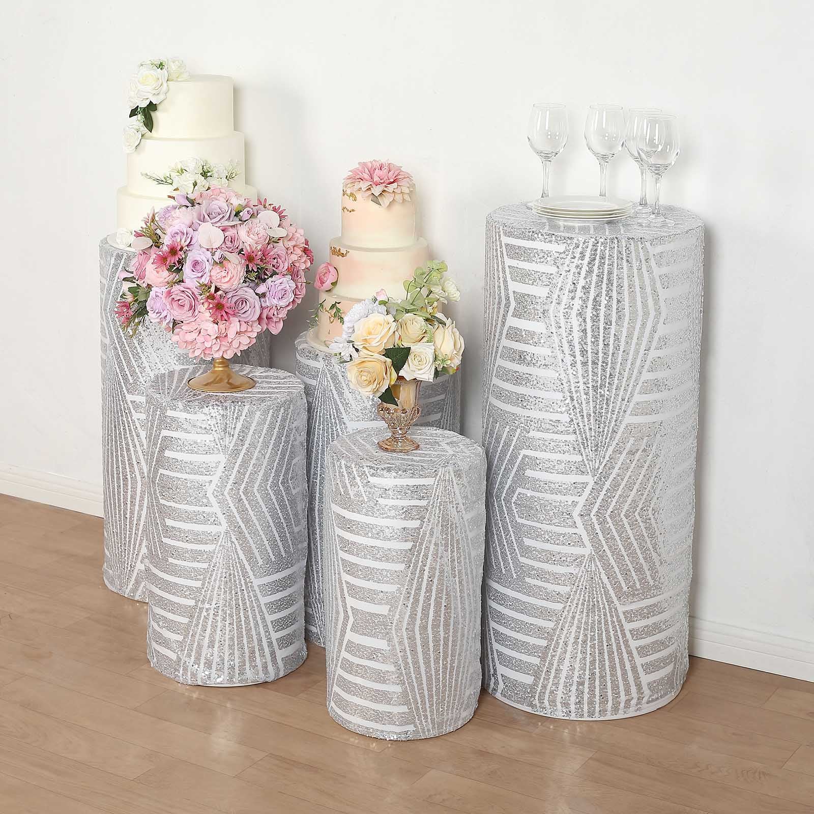 Set of 5 Sequin Mesh Cylinder Display Box Stand Covers with Geometric ...