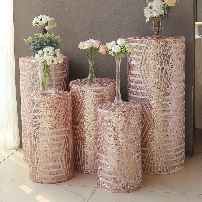 Set of 5 Sequin Mesh Cylinder Display Box Stand Covers with Geometric Pattern Embroidery, Sparkly Sheer Tulle Pedestal Pillar Prop Covers