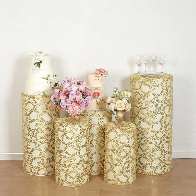 Set of 5 Sequin Mesh Cylinder Display Box Stand Covers with Leaf Vine Embroidery, Sparkly Sheer Tulle Pedestal Pillar Prop Covers