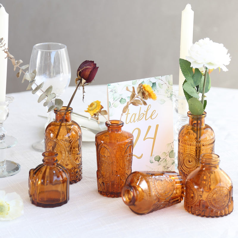 Set of 6 Vintage Embossed Glass Bud Vases, Decorative Apothecary Style Reed Diffuser Table Centerpieces