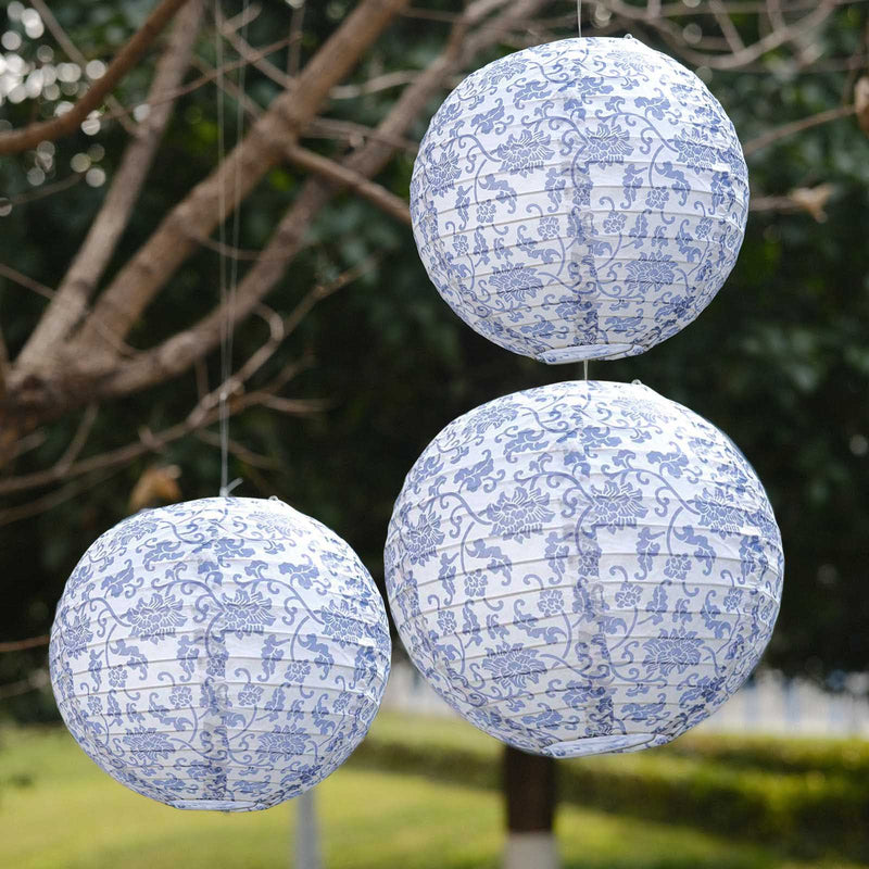 Set of 8 White Hanging Paper Lanterns in French Toile Floral Pattern, Chinese Festival Lanterns - 6