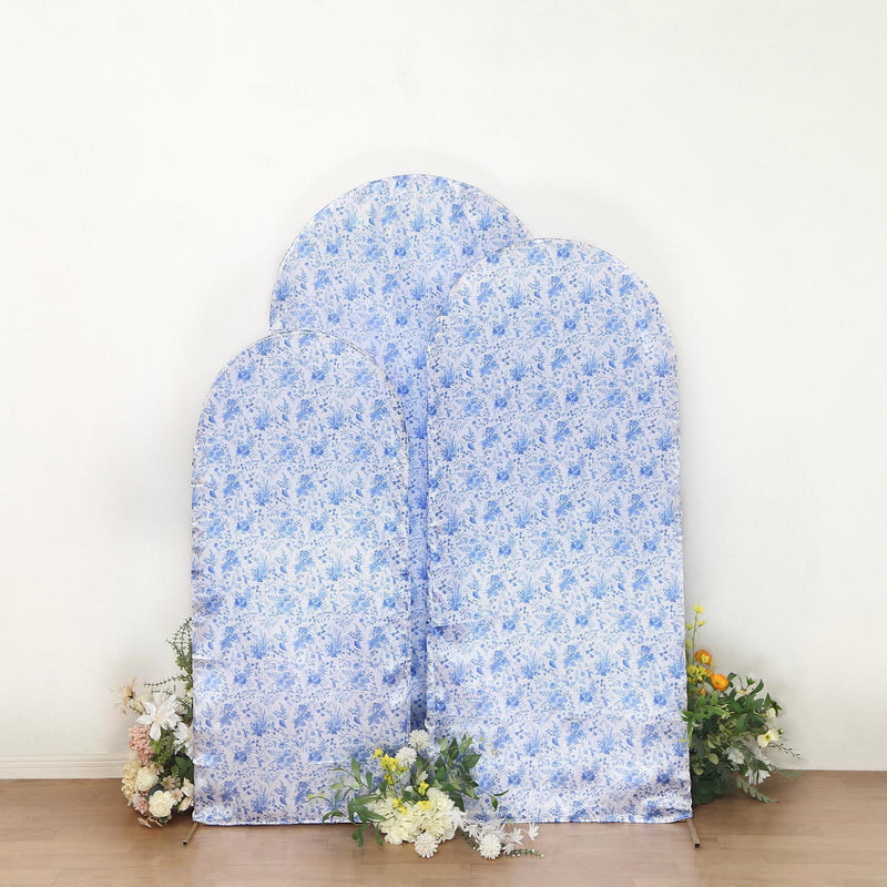 Set of 3 White Blue Satin Chiara Backdrop Stand Covers With Chinoiserie Floral Print, Fitted Covers For Round Top Arches - 5ft,6ft,7ft