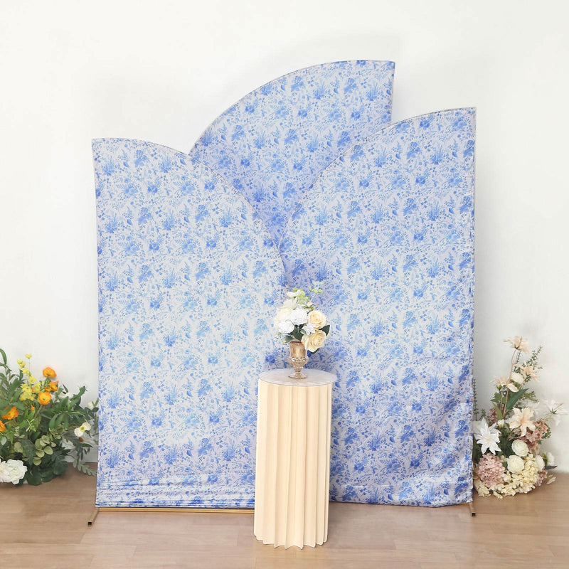 Set of 3 White Blue Satin Chiara Backdrop Stand Covers With Chinoiserie Floral Print, Fitted Covers For Half Moon Arches 5ft, 6ft, 7ft