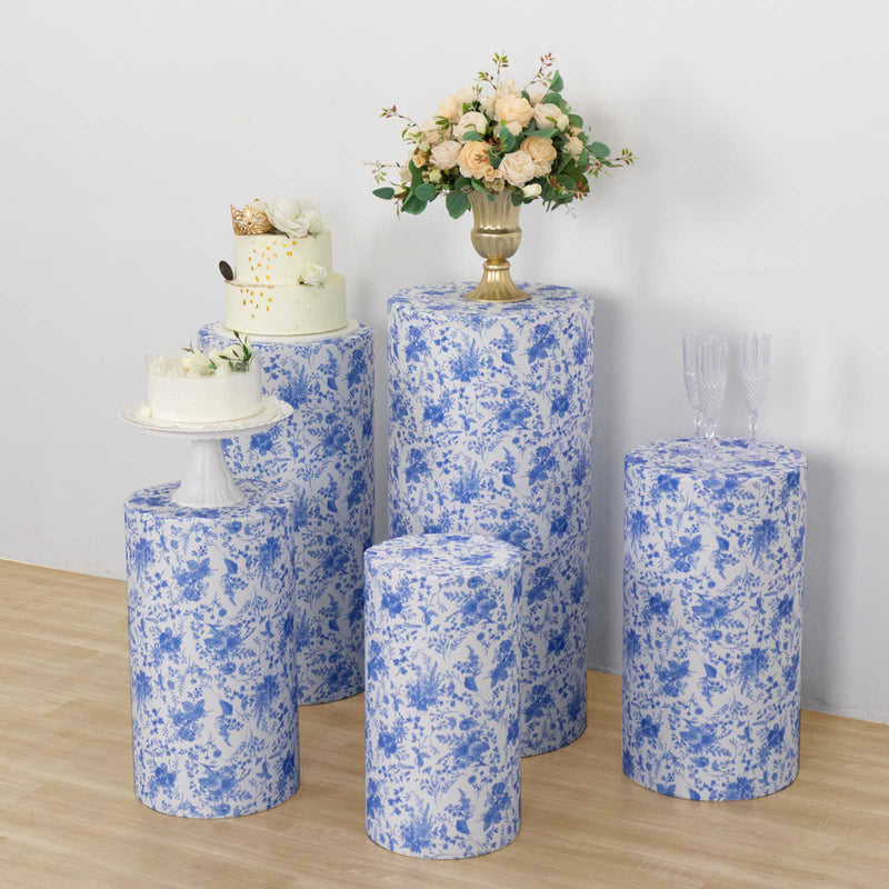 Set of 5 White Blue Spandex Cylinder Plinth Display Box Stand Covers With Chinoiserie Floral Print, Stretchable Pedestal Pillar Prop Covers - 160GSM