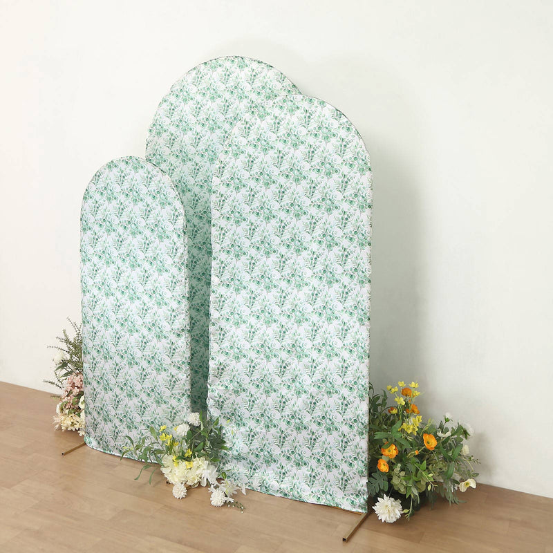 Set of 3 White Green Satin Chiara Backdrop Stand Covers With Eucalyptus Leaves Print, Fitted Covers For Round Top Arches - 5ft,6ft,7ft