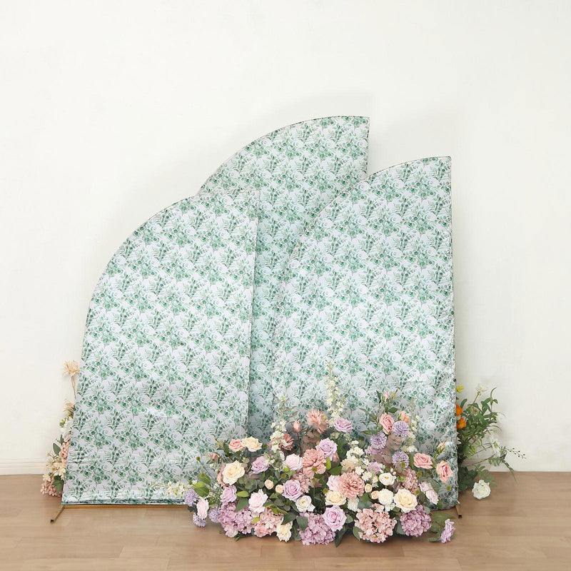 Set of 3 White Green Satin Chiara Backdrop Stand Covers With Eucalyptus Leaves Print, Fitted Covers For Half Moon Arches 5ft, 6ft, 7ft