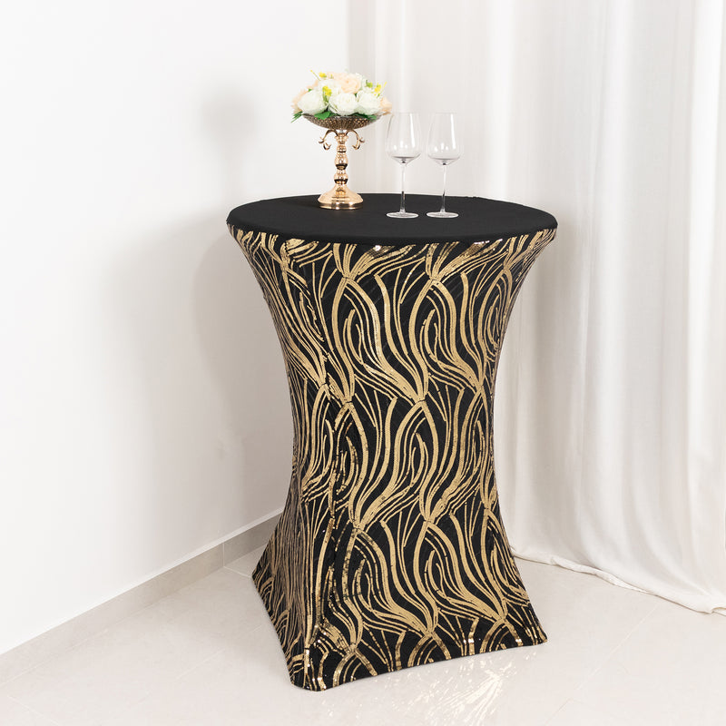 Black Gold Cocktail Spandex Table Cover with Wave Embroidered Sequins for 30