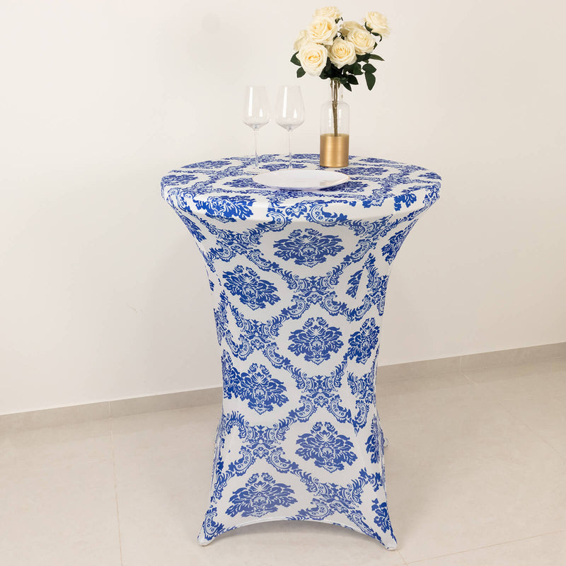 Royal Blue Damask Cocktail Spandex Table Cover, 24