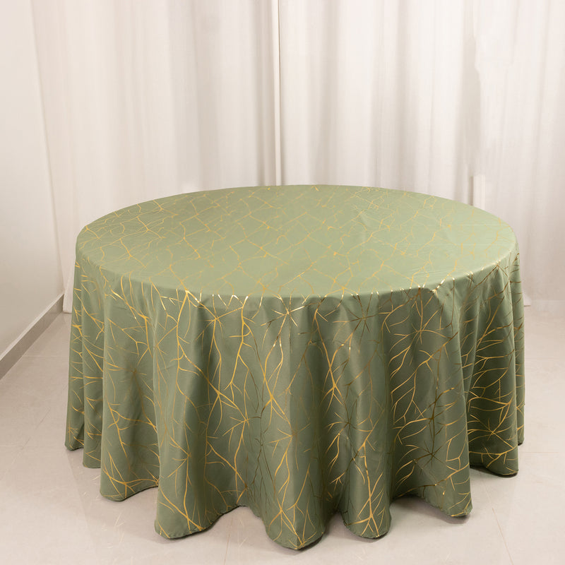 Dusty Sage Green Round Polyester Tablecloth With Gold Foil Tree Branch Pattern - 120