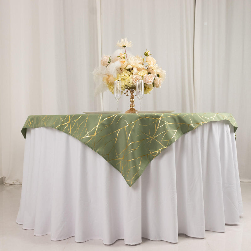 Dusty Sage Green Polyester Square Table Overlay With Gold Foil Tree Branch Pattern - 54