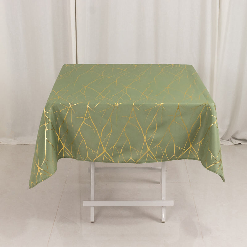 Dusty Sage Green Polyester Square Tablecloth With Gold Foil Tree Branch Pattern 54