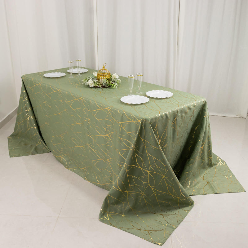 Dusty Sage Green Rectangle Polyester Tablecloth With Gold Foil Tree Branch Pattern