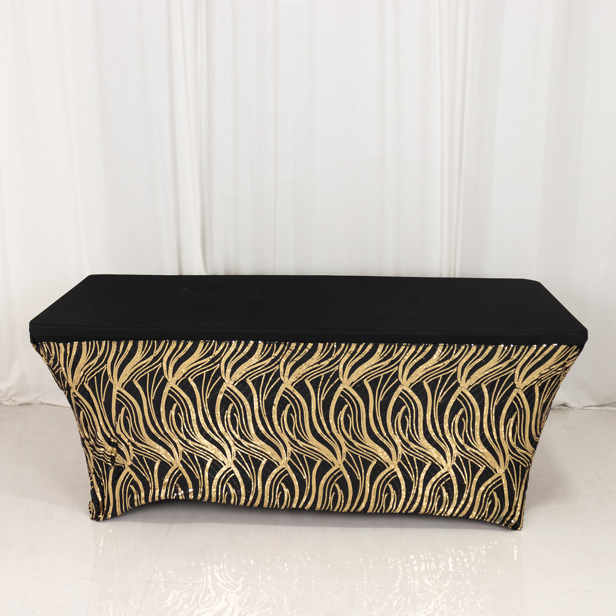 Black Gold Stretch Spandex Rectangle Tablecloth 6ft With Wave Embroide ...
