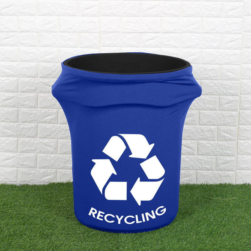 Royal Blue Spandex Stretch Trash Can Waste Container Cover With Recycling Logo 41-50 Gallon