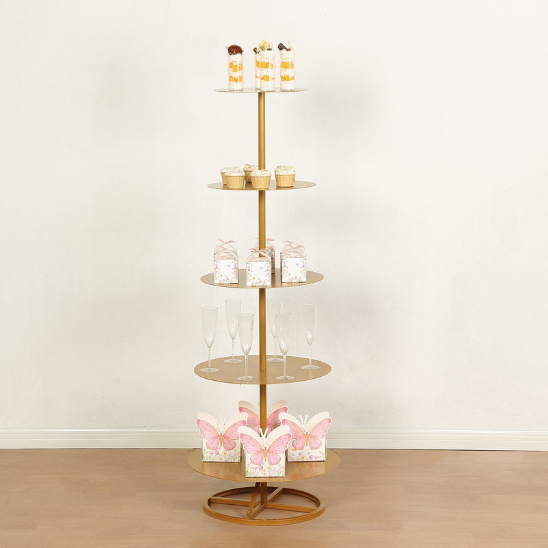 5 Tier Round Gold Metal Champagne Tower Stand, Dessert Display Floor Stand - 4.5ft Tall