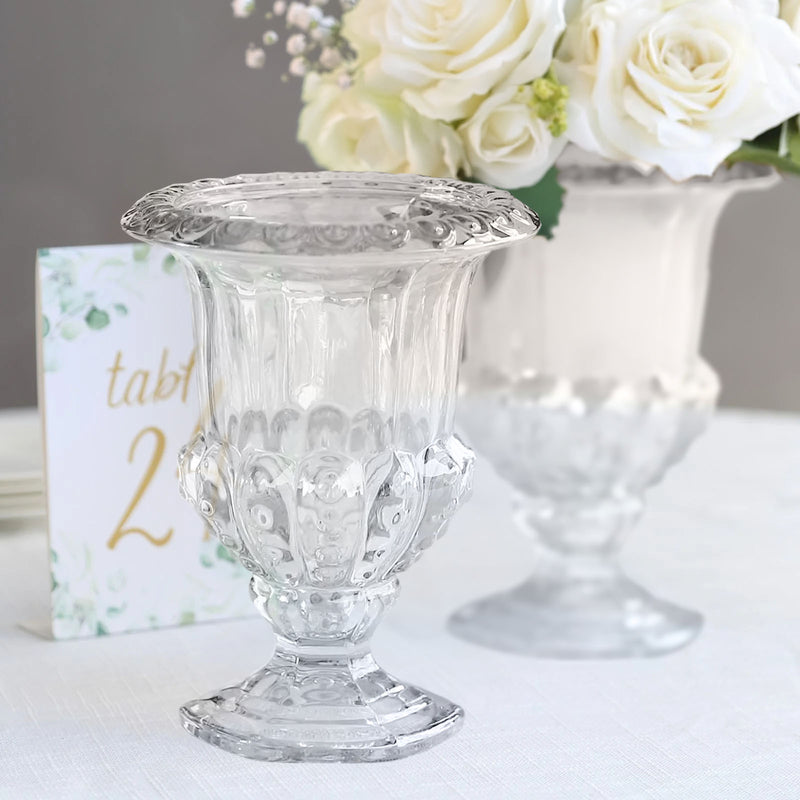 2 Pack Glass Flower Vases in Classic Roman Urn Style, Mini Pedestal Vase Table Centerpieces - 8