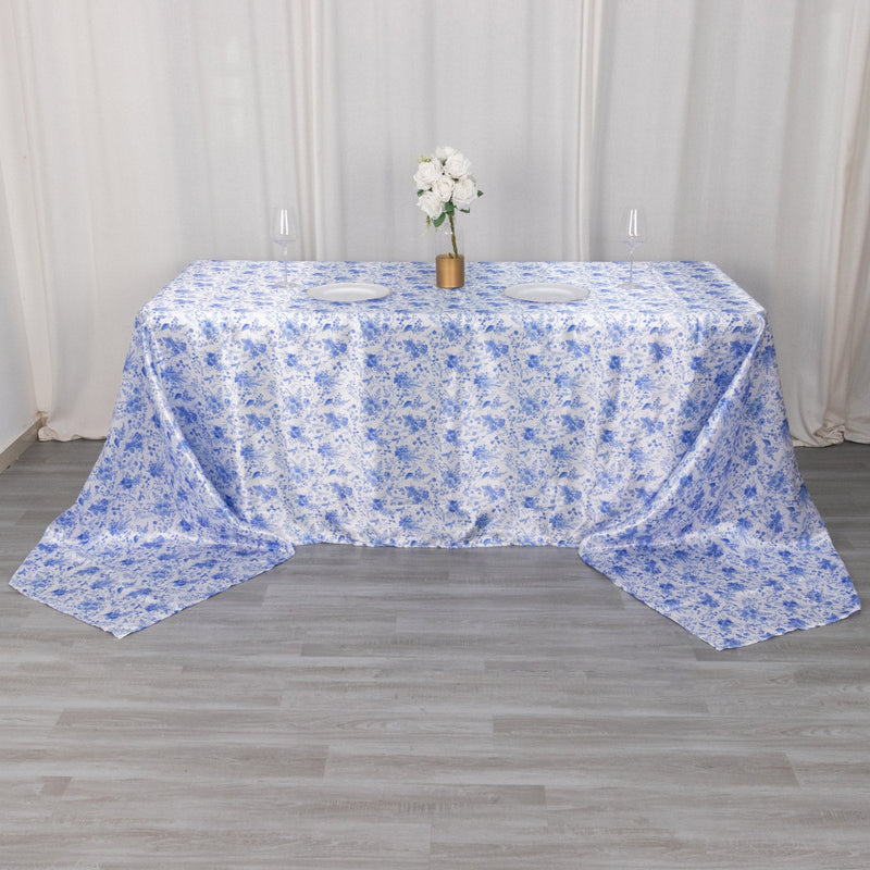 White Blue Seamless Satin Rectangular Tablecloth in French Toile Floral Pattern, Wrinkle Resistant Tablecloth