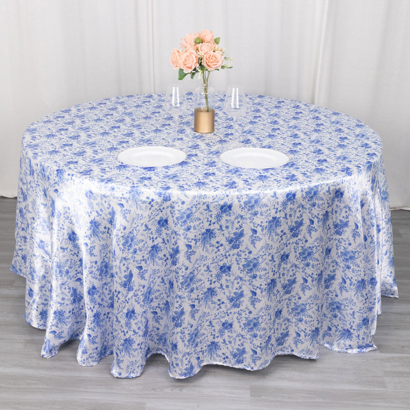 White Blue Seamless Satin Round Tablecloth in French Toile Floral Pattern, Wrinkle Resistant Tablecloth 120